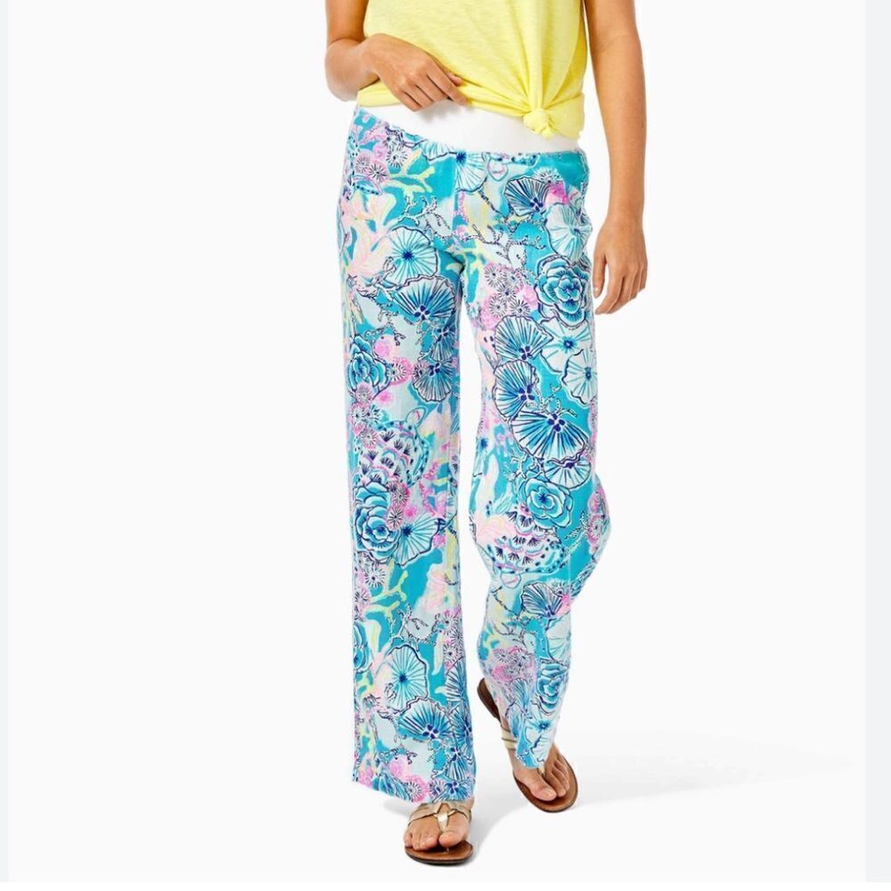 Lilly Pulitzer Bali Blue Once Upon A Tide Linen Palazzo Pants Size S Mid Rise - Picture 3 of 12